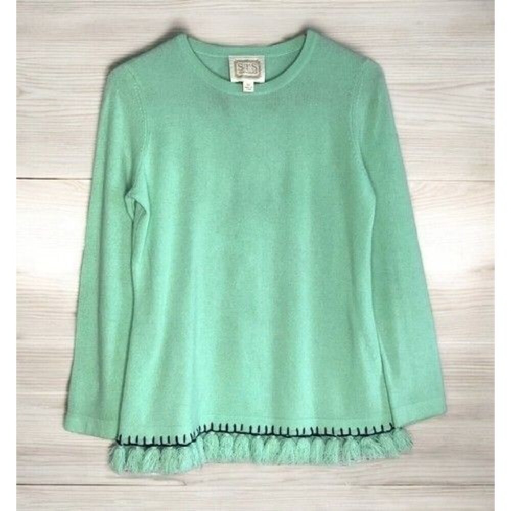 STS Sail To‎ Sable Green Fringe Hem 100% Casmere CrewNeck Sweater Women Size XS